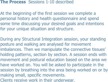 The Process  Sessions 1-10 described

At the beginning of the first session we complete a 
personal history and health questionnaire and spend 
some time discussing your desired goals and intentions 
for your unique situation and structure.

During any Structural Integration session, your standing posture and walking are analysed for movement imbalances. Then we manipulate the connective tissues’ holding patterns, section by section. A session ends with movement and postural education based on the area we have worked on. You will be asked to participate in the session by breathing into the area being worked on or by making small, specific movements. 
Clients receive work in their underwear.
